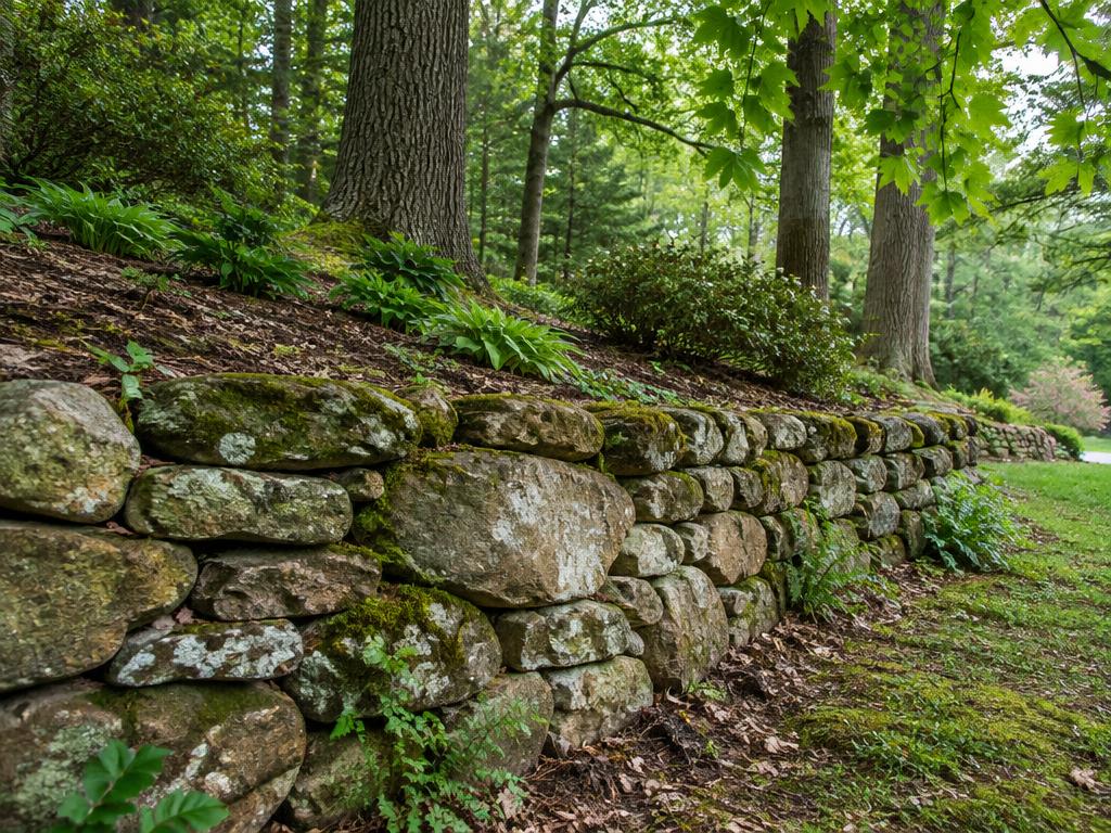 Mossy dry-stacked fieldstone retaining wall along a shaded garden slope