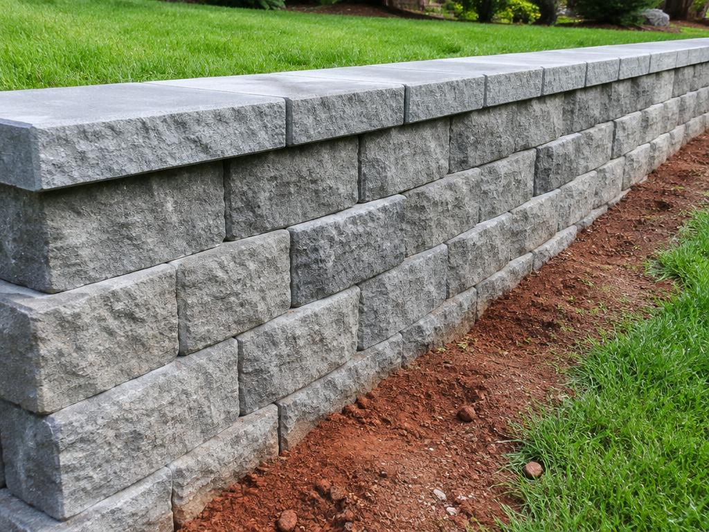 Close-up of gray interlocking segmental block retaining wall with cap stones