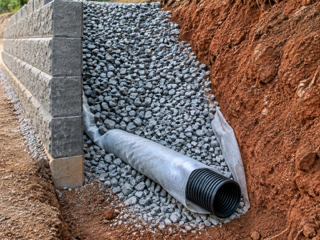 Perforated drain pipe in filter fabric with gravel backfill behind a block wall