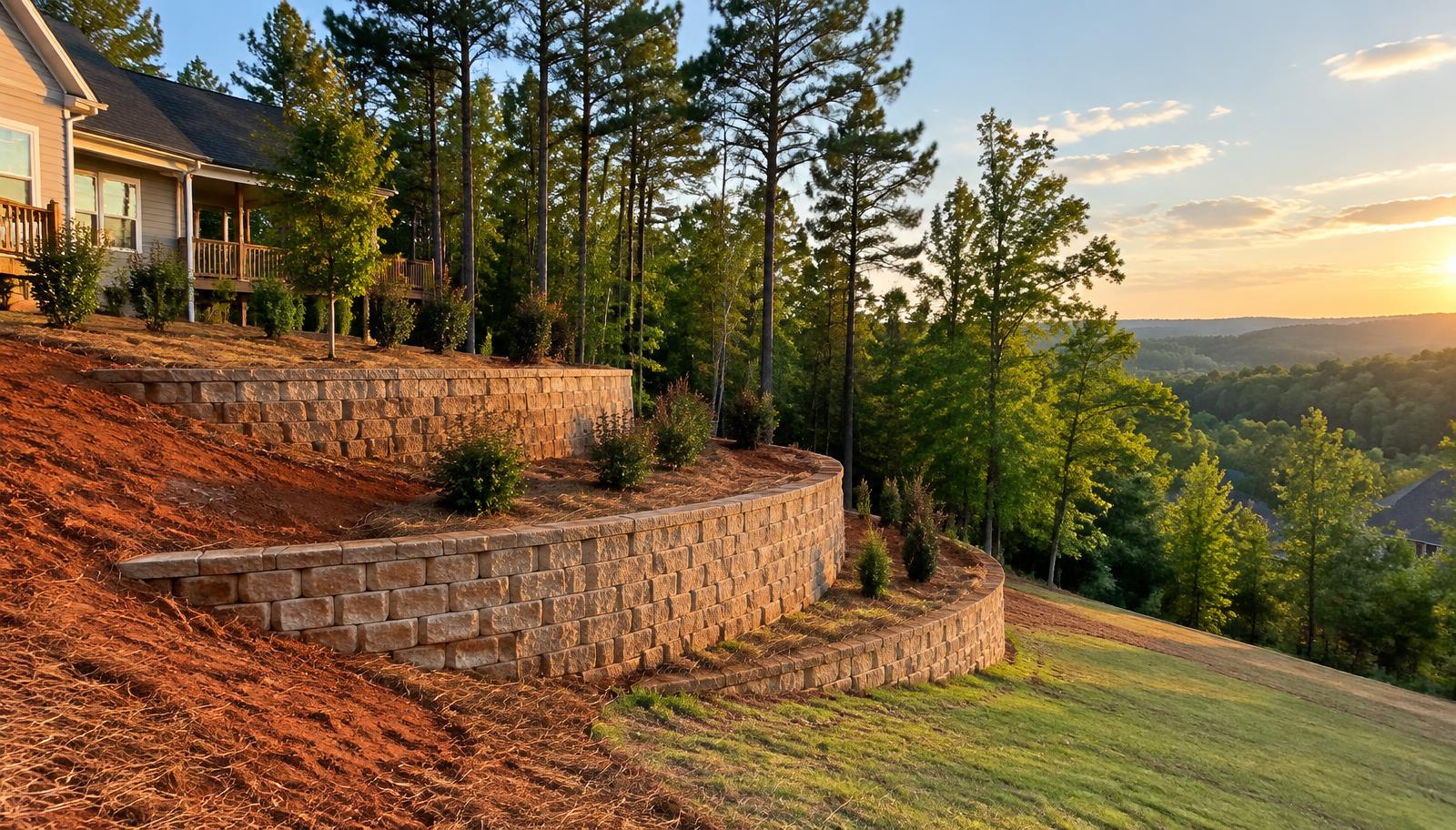 Tiered tan block retaining walls terracing a sloped backyard with red clay and pines